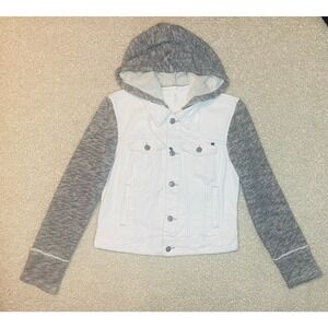 Free People White Denim Hooded Jacket Grey Knit Distressed Sleeves Small‎